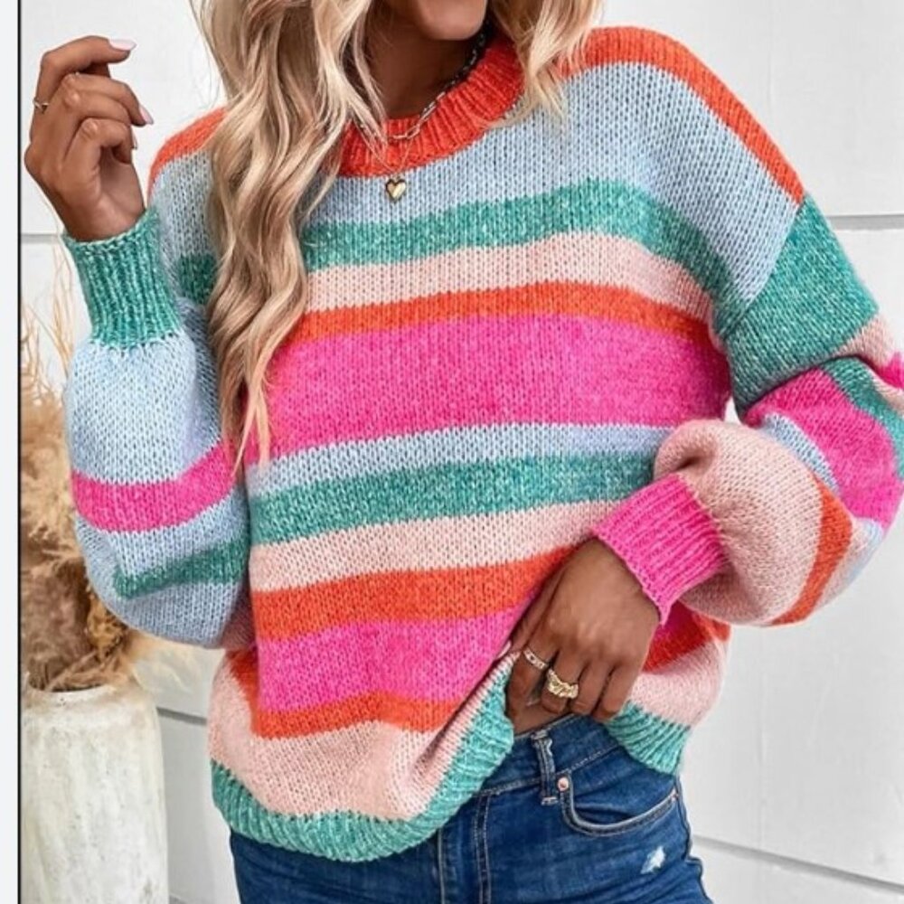 Shein Y2K Rainbow Sweater Chunky Loose Knit Color Block Sz M Quirky  Whimsy